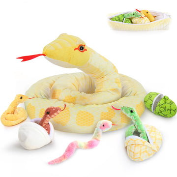 Maogolan Giant Snake Stuffed Animal, Realistic Large Mommy With 4 Babies & 2 Eggs Snakes Plush Toy, 118 ' ' Long Yellow Boa Cons