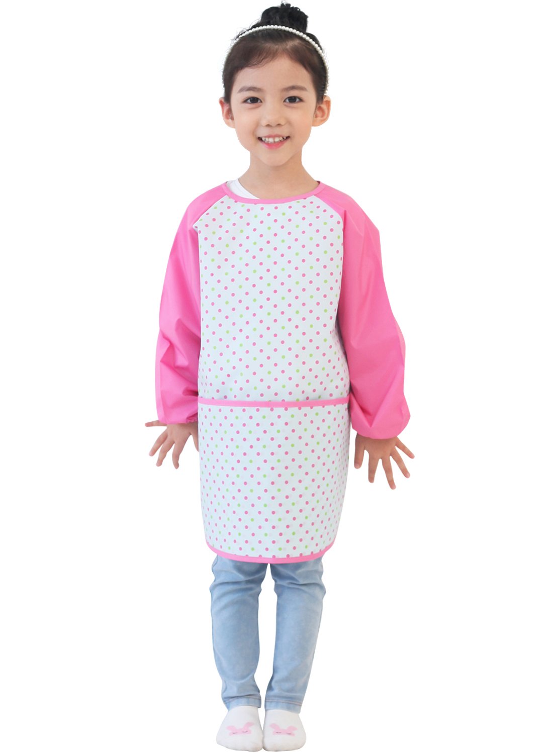 Plie Waterproof Kids Art Smocks 37 Colors (Age 1-10, S-XXL size), Blue&Green Dot (30-S)