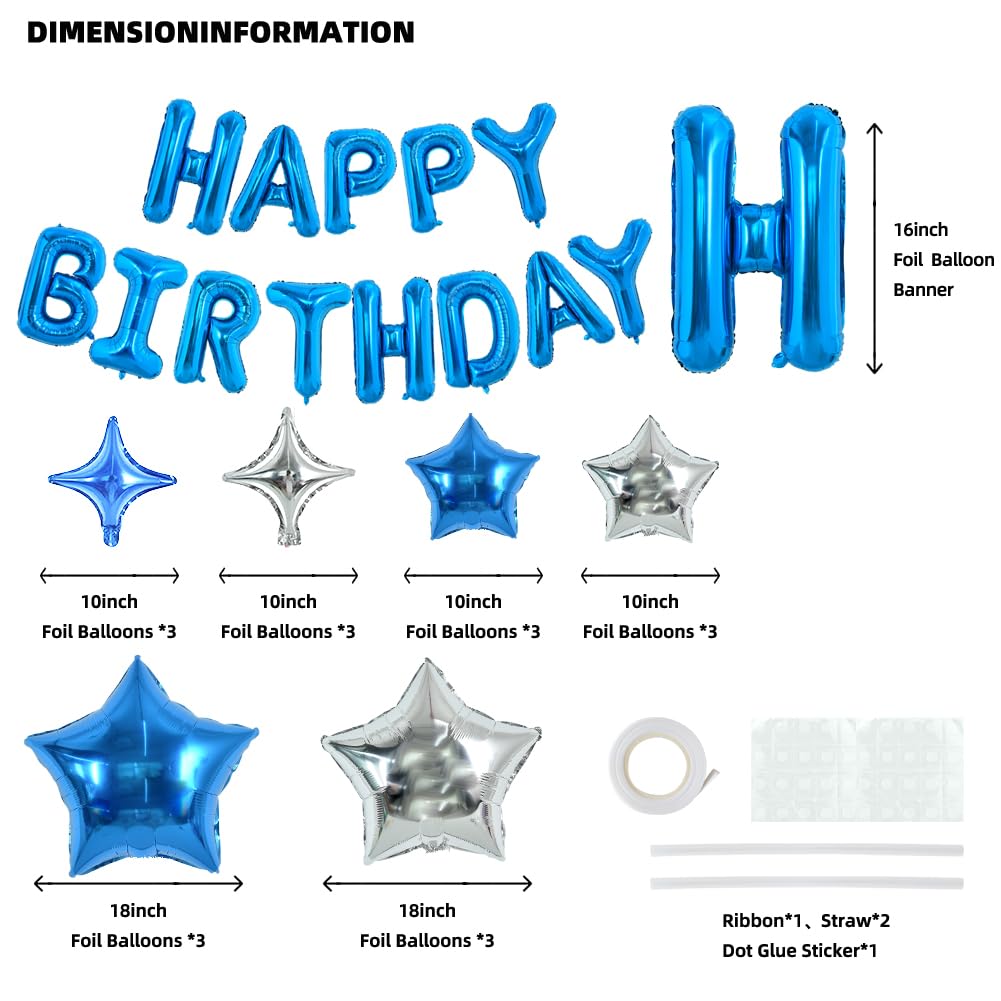 TONIFUL 35PCS 16 Inch Blue Happy Birthday Balloon Blue Happy Birthday Balloons Decorations with Star Balloons for Girls Boys Kid