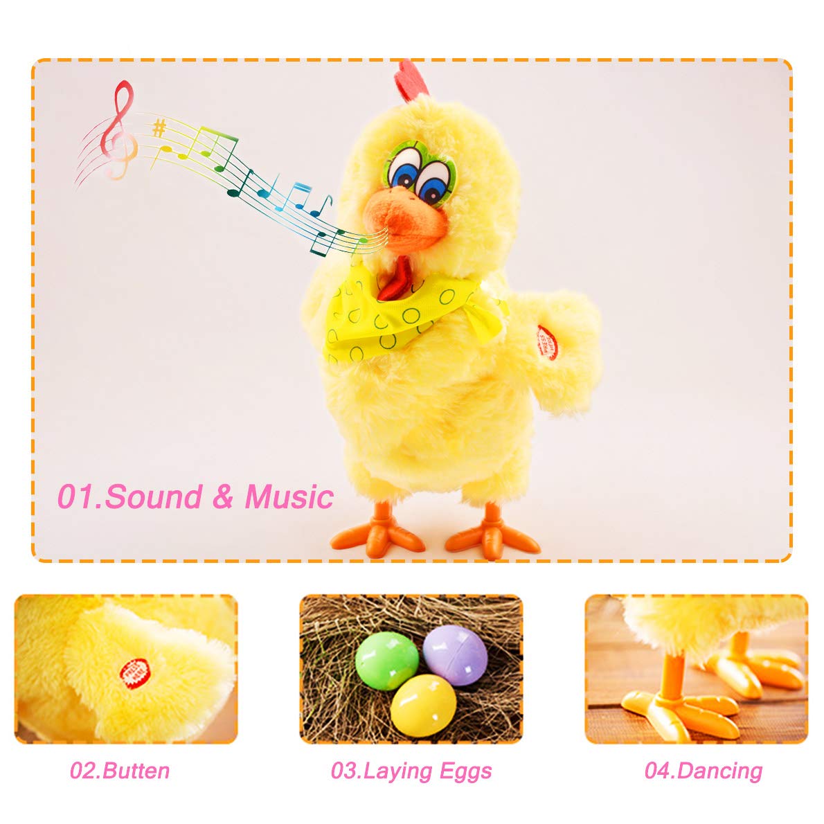 Plush Chicken Laying Eggs Toy Electric Stuffed Animal Crazy Chick Doll with Sound Music for Boys Girls (29.05cm)