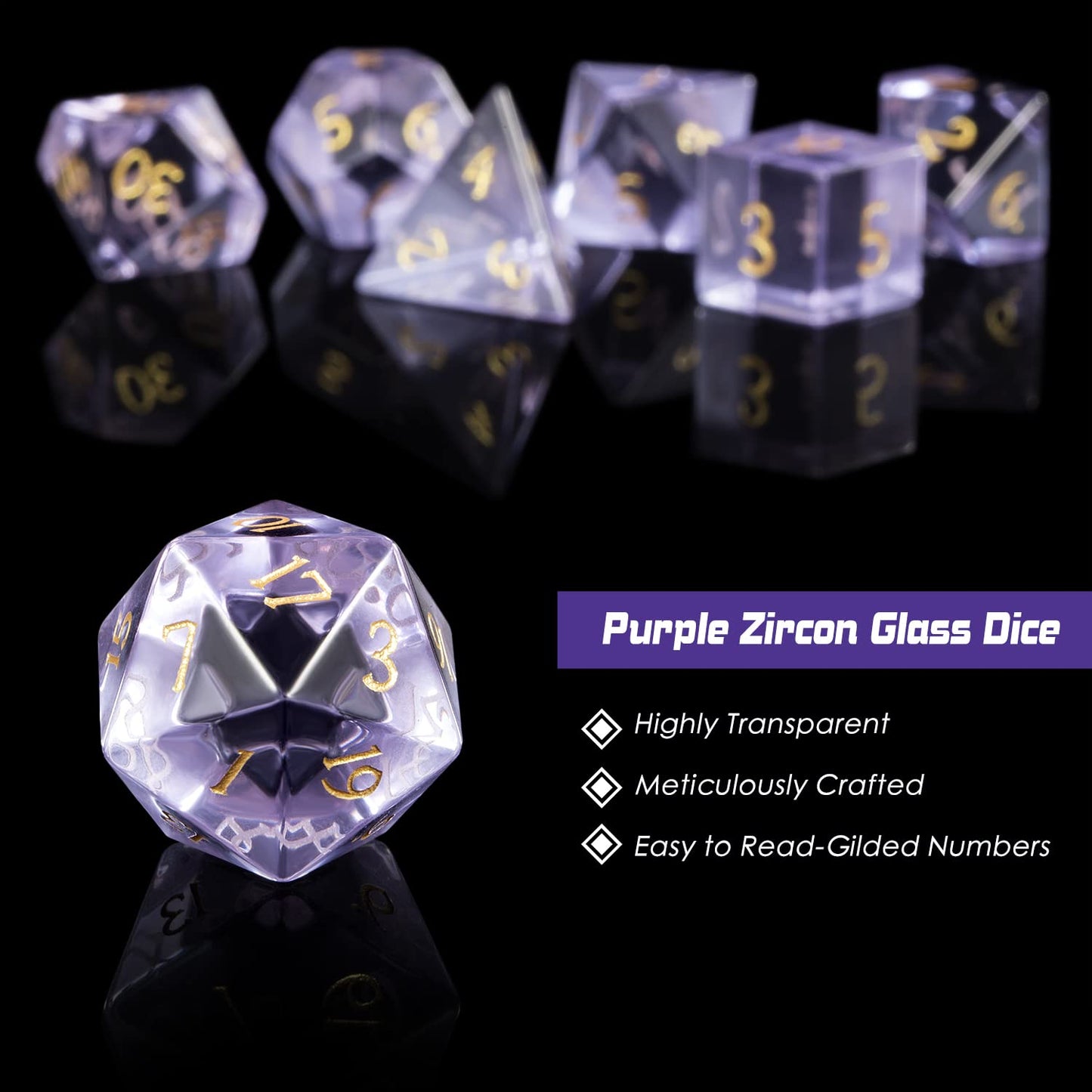 D&D Dice DNDND 7 Piece Zircon Glass Dice Set with Great Gift Box for Dungeons and Dragon DND Tabletop Game (Purple Glass with Go