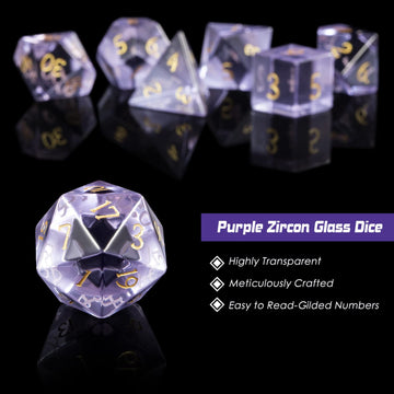 D&D Dice DNDND 7 Piece Zircon Glass Dice Set with Great Gift Box for Dungeons and Dragon DND Tabletop Game (Purple Glass with Go