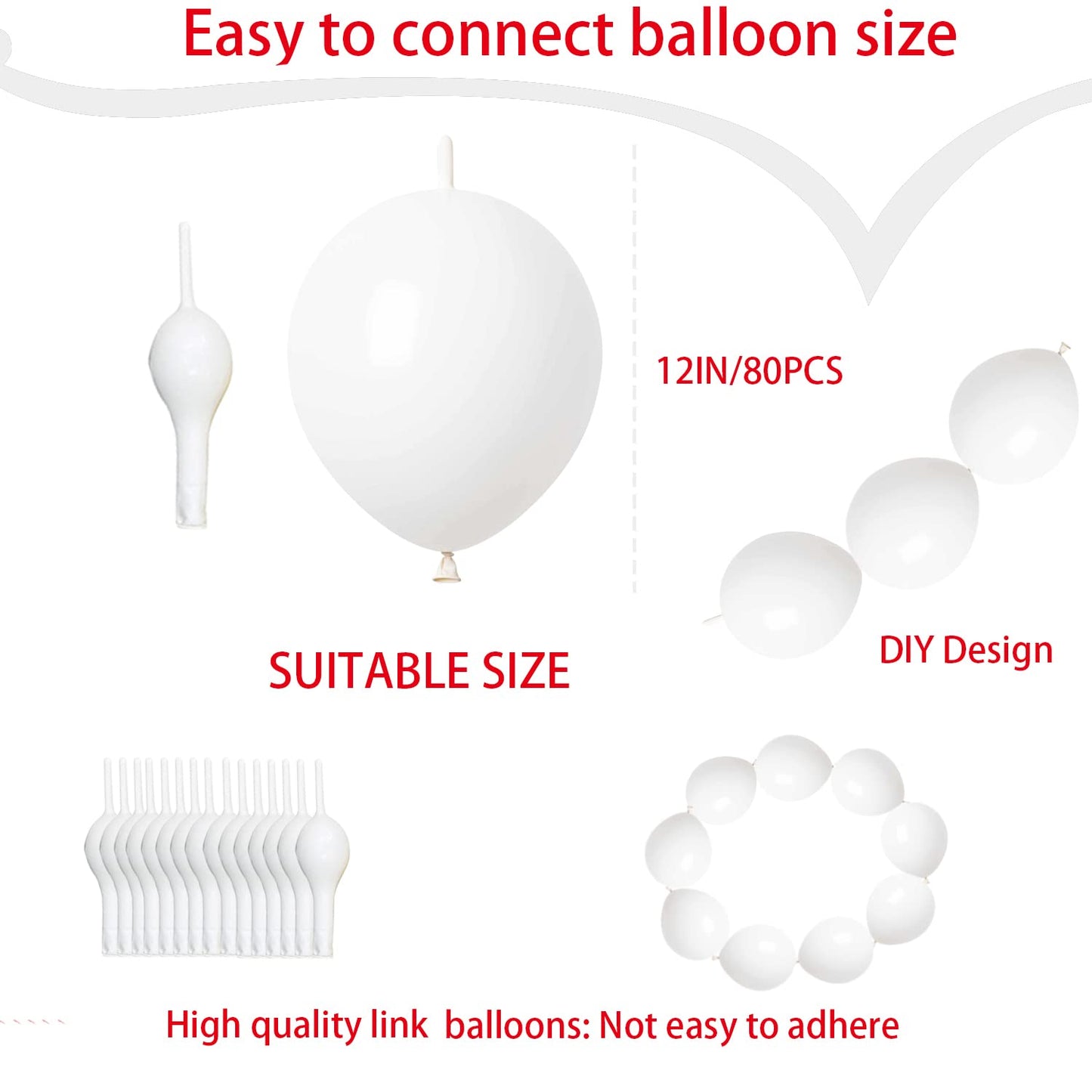 Adido Eva Link Balloons White 12 Inch Quick Link Latex Balloon 80 Pcs For Wedding, Baby Shower, Birthday, Bridal Shower, Hallowe