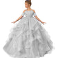 Long Princess Girls Pageant Dress Tulle Ruffles Flower Girl Dress Beaded Appliques Wedding Party Costumes Silver US6
