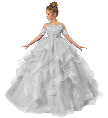 Long Princess Girls Pageant Dress Tulle Ruffles Flower Girl Dress Beaded Appliques Wedding Party Costumes Silver US6