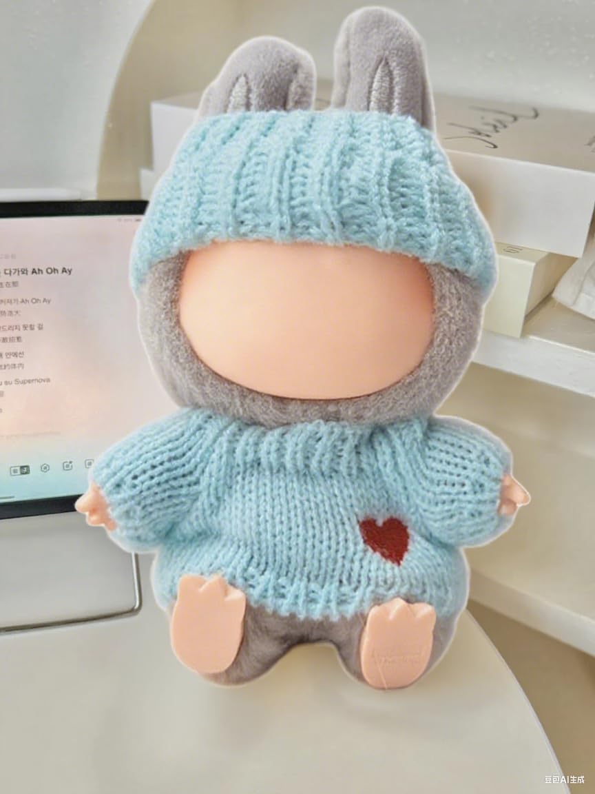 Doll Clothes Compatible with Labubu 2 Set Outfits(4 Pieces)  Adorable 17cm/15cm Handcrafted Crochet Doll Clothes Ropa Designer Accessories for La Bubu Hat & Sweaters (Blue &Gray)