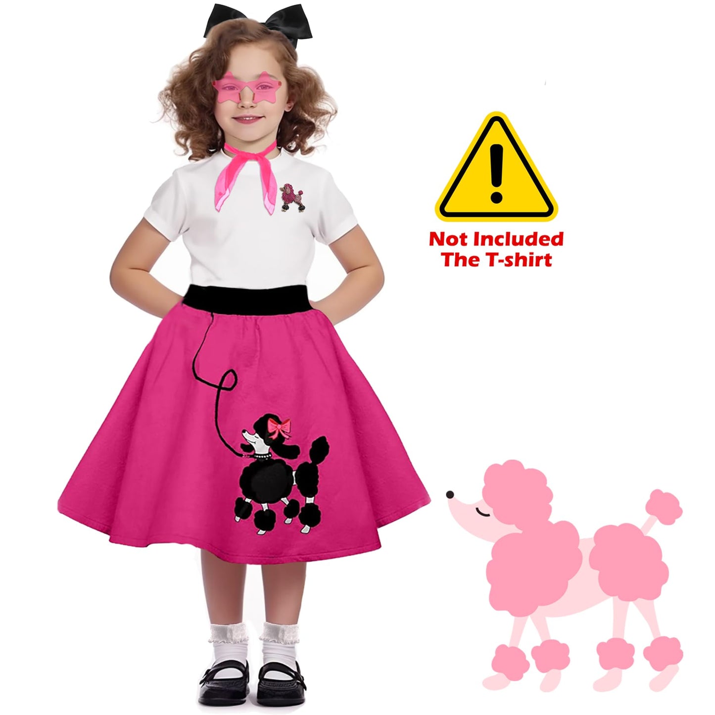 1950S Girls Poodle Skirt Dress Up Kit, Bobby Sock,Chiffon Scarf, 50S Costume Outfit For Kids Toddler (Hot Pink, 7-10 Yrs)