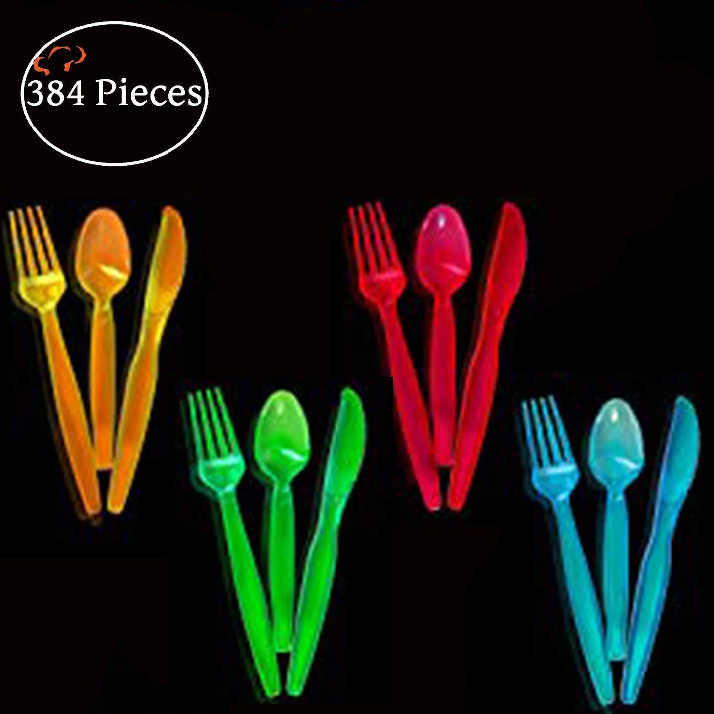 Tiger Chef Neon Glow In The Dark Party Supplies - Hard Plastic Cutlery In Pink, Blue, Green and Orange - 384 Pieces