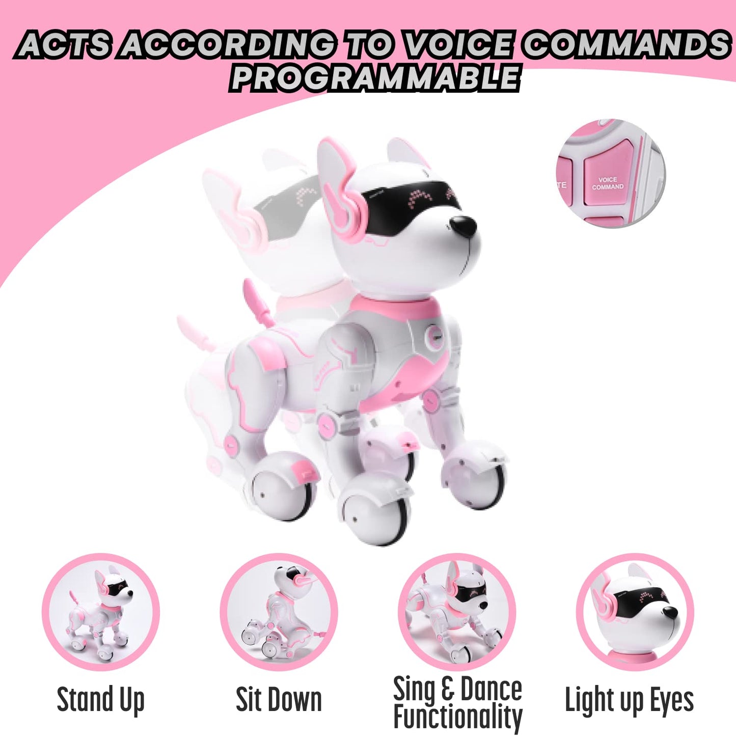 Top Race Pink Robot Dog - Remote Control Toy with Touch Function - Interactive Smart Pet with Voice Commands, Dancing, Animal So