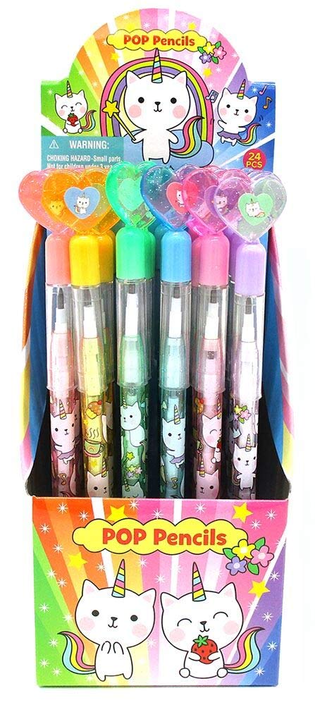 TINYMILLS Unicorn Kitty Stackable Pencils with Erasers, Multi-colored, 24 Pcs, Ideal for Birthday Party Favors and Classroom Rewards