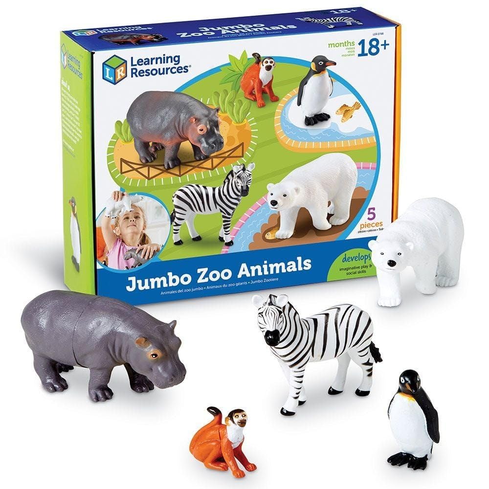Learning Resources Jumbo Zoo Animals Set, 5 Plastic Figures, Multi-color, 7-3/4 L x 4 W in, Ages 2+, Model LER0788