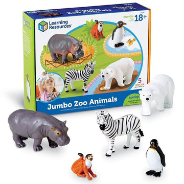 Learning Resources Jumbo Zoo Animals Set, 5 Plastic Figures, Multi-color, 7-3/4 L x 4 W in, Ages 2+, Model LER0788