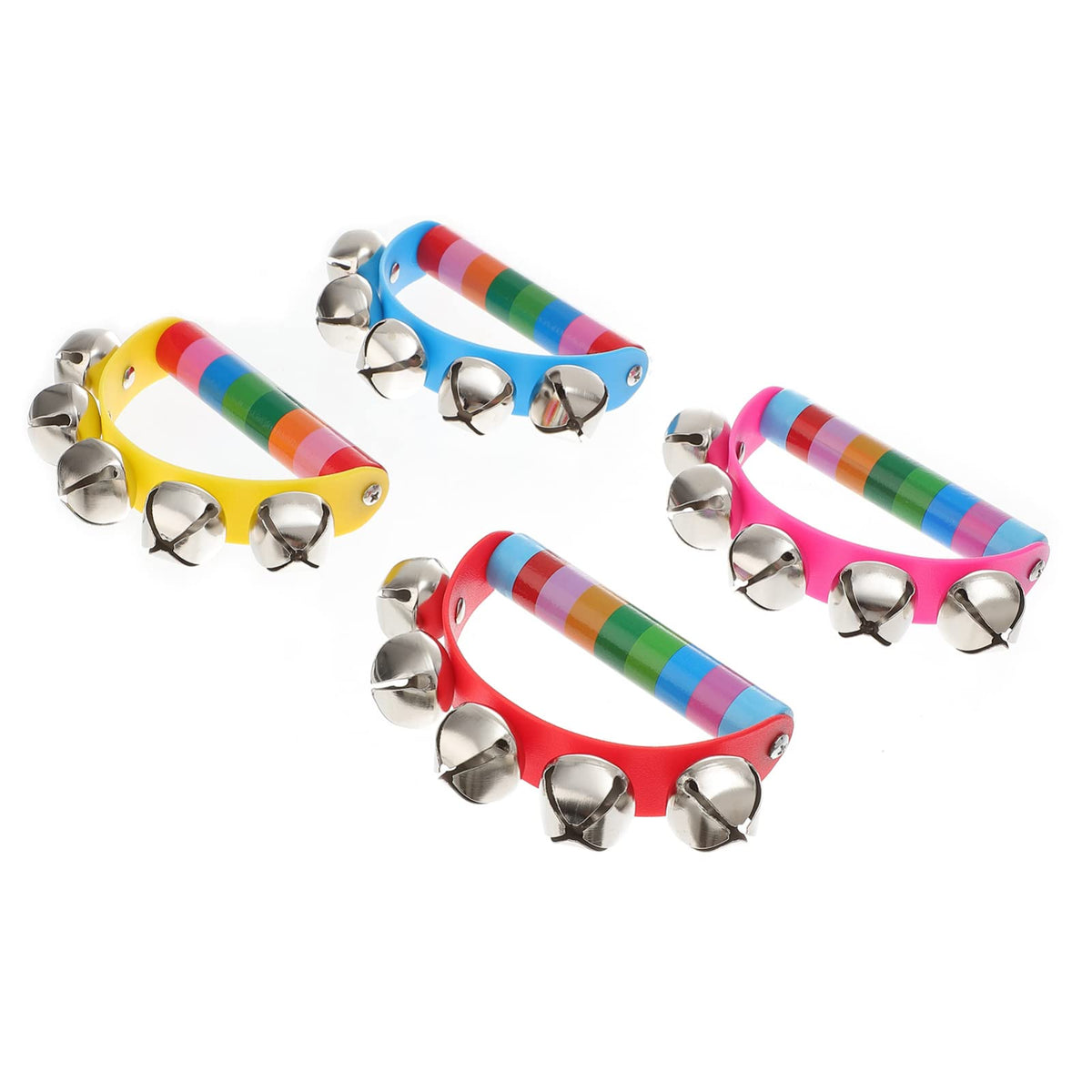 Excluzo Rainbow Handle Jingle Bells 4Pcs Wooden Stick Shaker Rattle Hand Tambourine Bells Percussion Musical Instrument Kids Mus