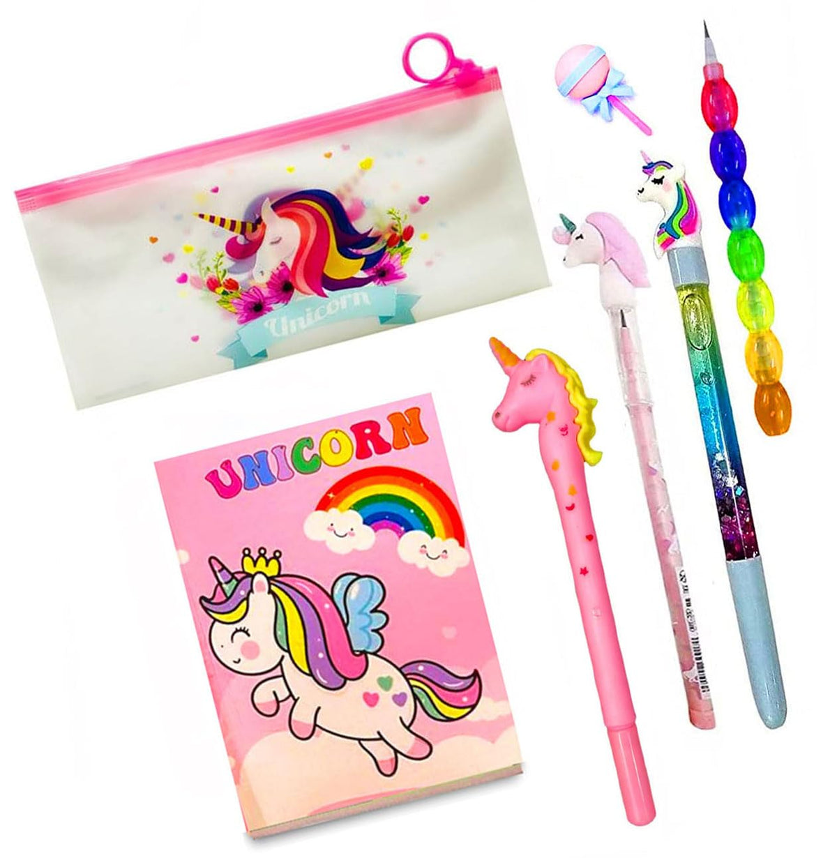 Kobbet Plastic 7Pcs Unicorn Stationery Set For Girls  Pencil Pouch, Diary, Pen, Pencil, Eraser  Party Favor, Birthday, Navrata