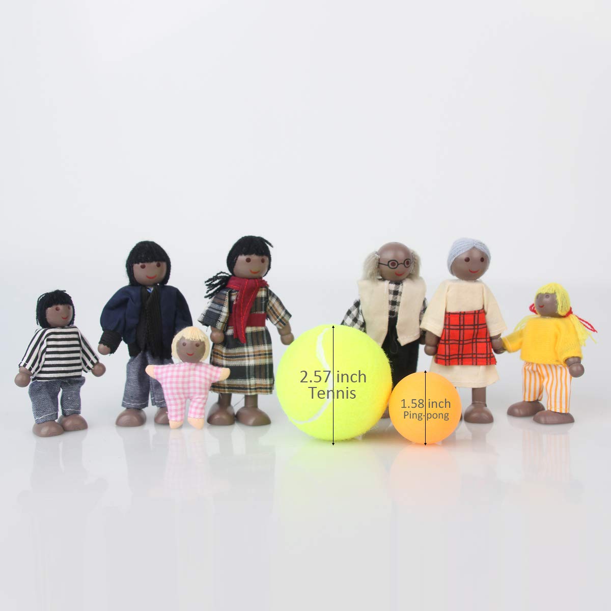 Wooden Black Dollhouse People, 7 Family Figures Miniature Doll House, Wooden Doll House Family Dress-Up Characters Grandpa, Gran