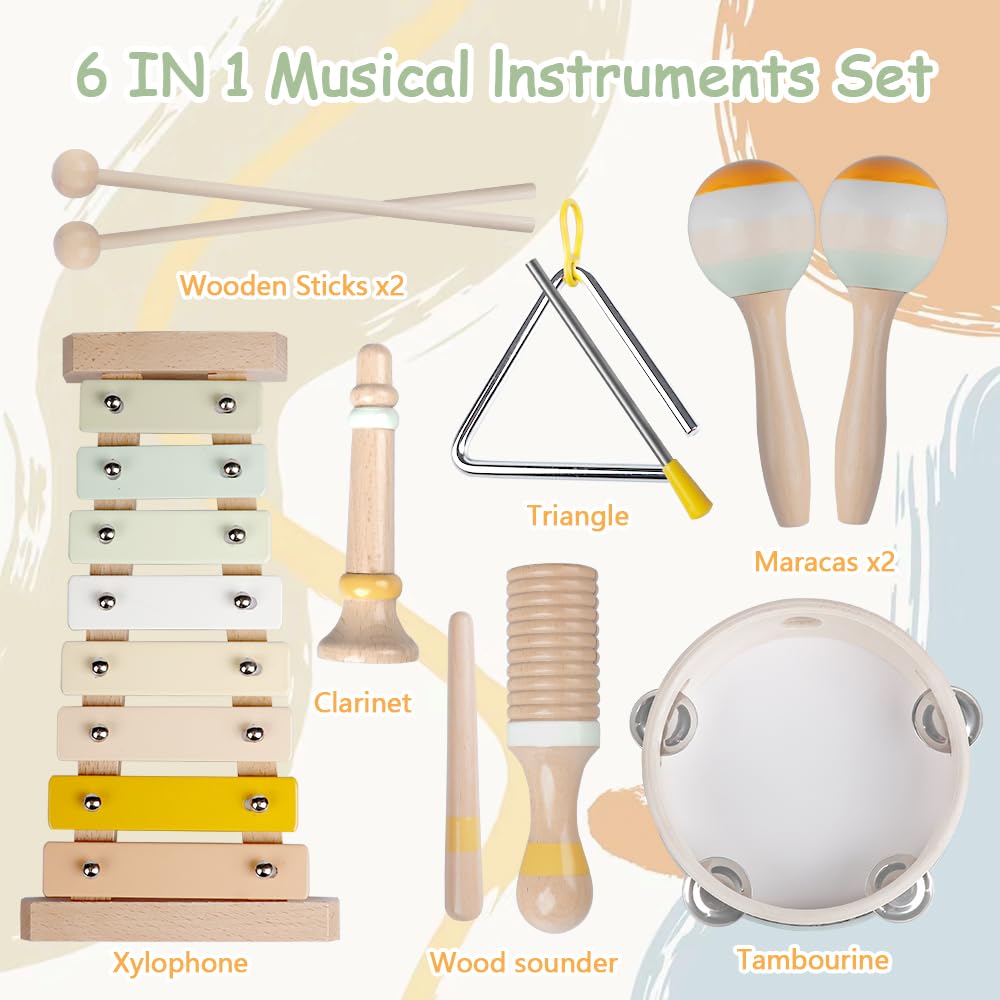 Baby Musical Instruments-Montessori Wooden Toys For Toddlers 1-3,Neutral Colors Percussion Instruments Set With Modern Boho Xylo
