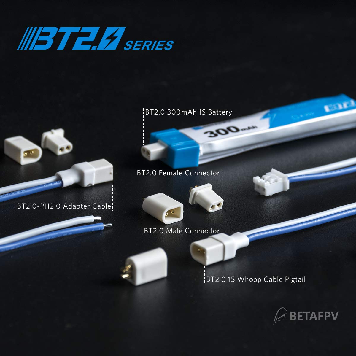 BETAFPV 6pcs BT2.0-PH2.0 Adapter Cable 22AWG for BT2.0 300mAh 1S Battery with 1.0mm Banana Connector Meteor65 1S Brushless Whoop