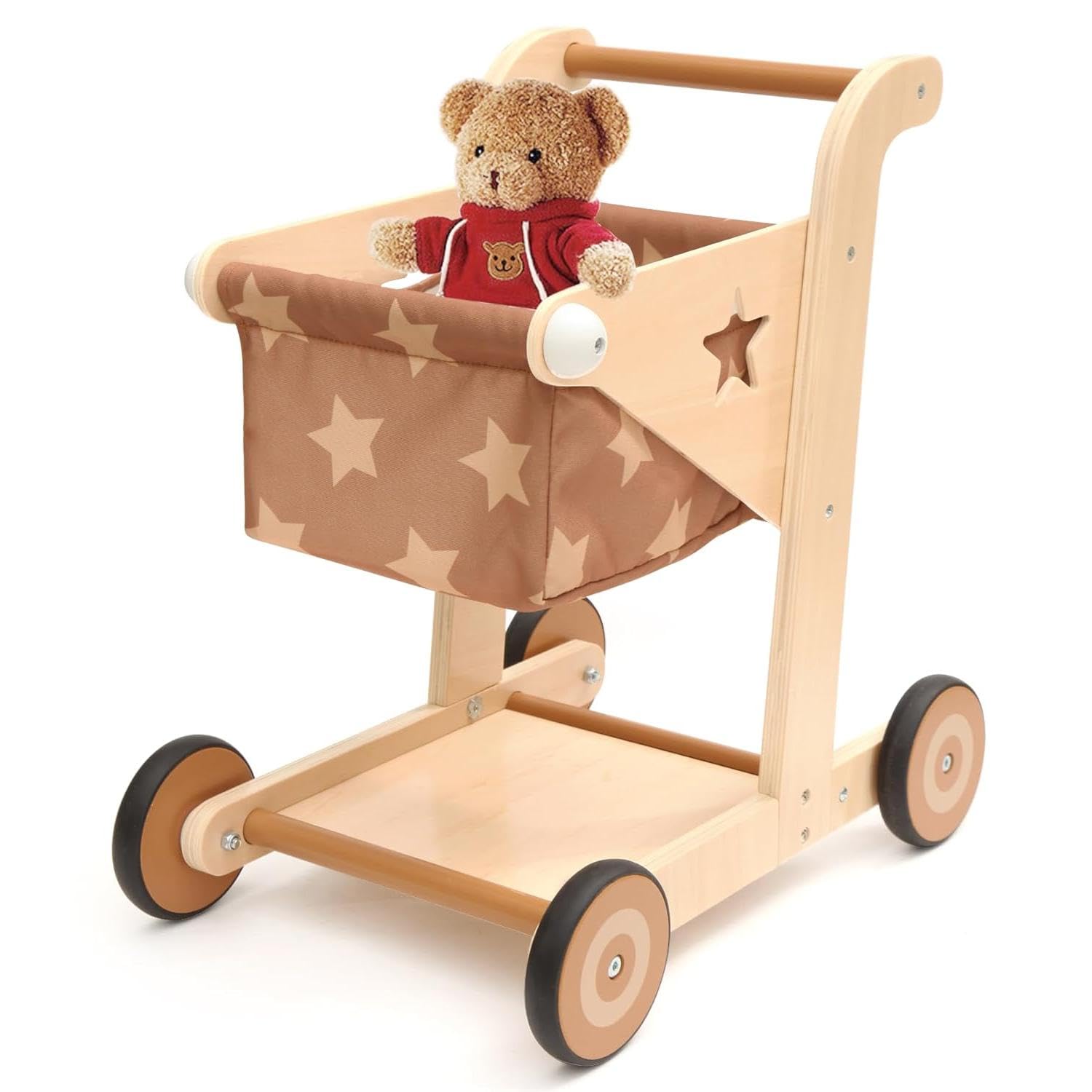 Asweets 2 In 1 Wooden Baby Walker Push And Pull Doll Stroller,Shopping Cart Learning Walker For Boys And Girls Sit Stand Learning Walker Toddler Toy (Brown)