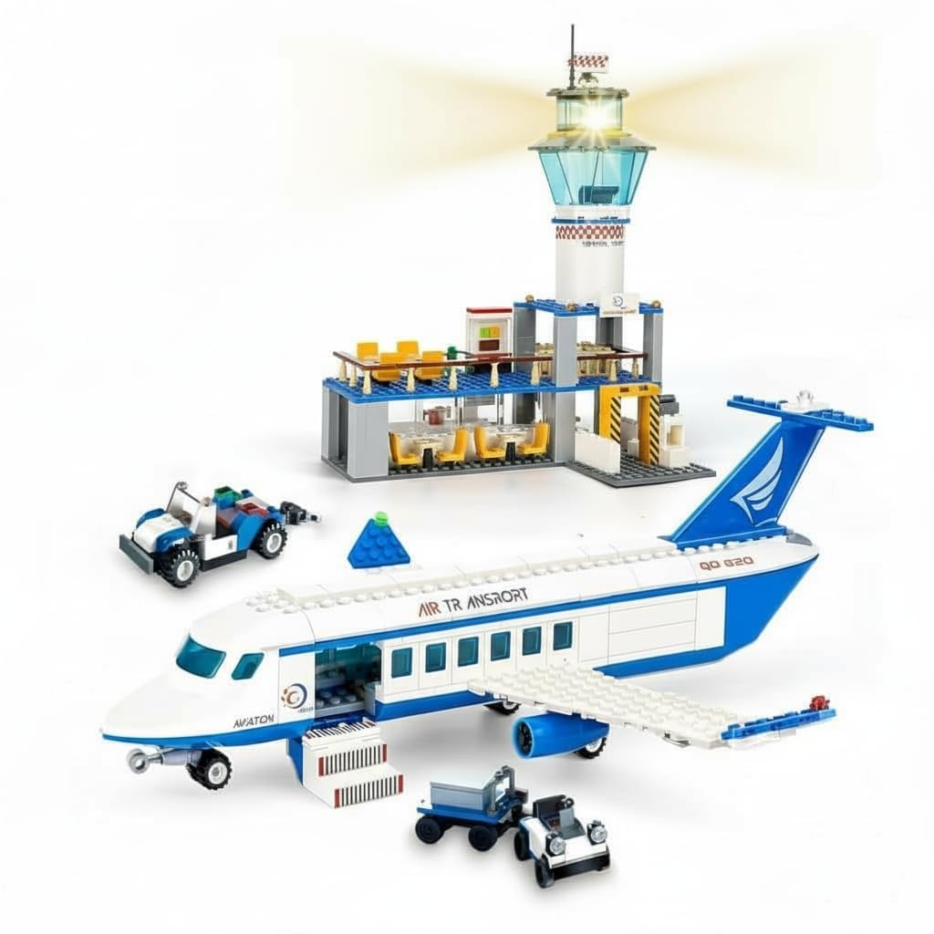 Sky Line Ocean City Airplane Building Kit  518+ Pcs Airport Passenger Plane Set With Led Radar Tower & Baggage Truck, Creative 