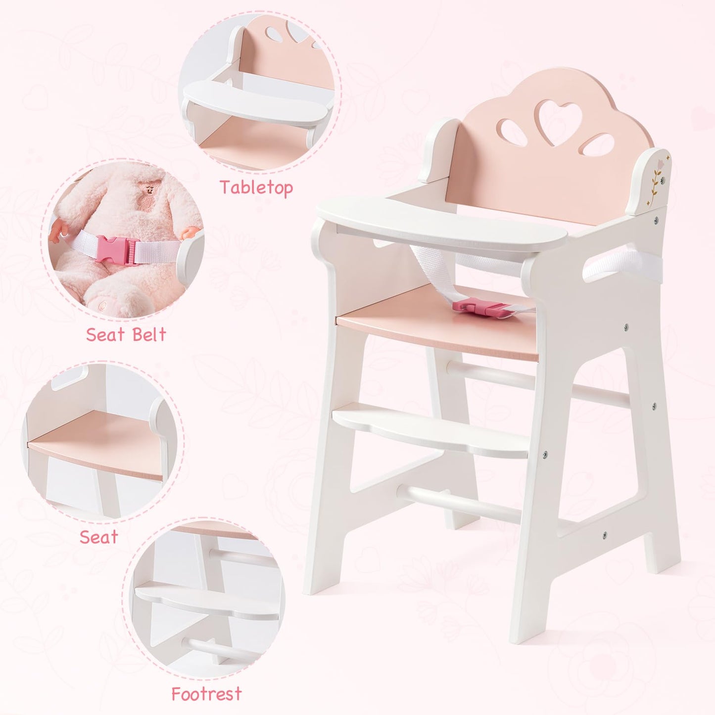 ROBOTIME Baby Doll High Chair  Pretend Play High Chair with Safety Belt and Footrest  Wooden Baby Doll Accessories  Doll Furniture Fits 18-20 Inch Dolls  Gift for Ages 3+ (White)