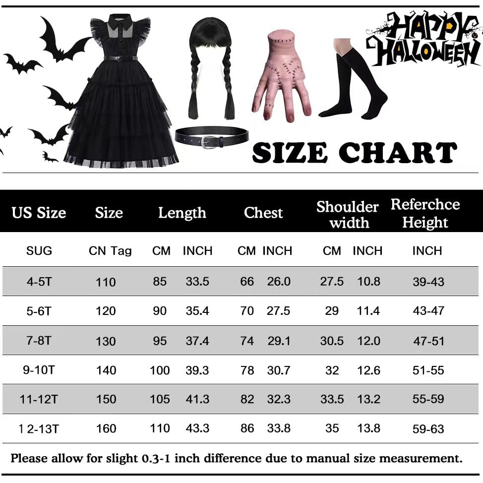 Ruxinrua Black Costume Dress, 4-13 Years Girls Outfits With Accessories Dress Up Set, Family Halloween Cosplay Party (11-12 Years)