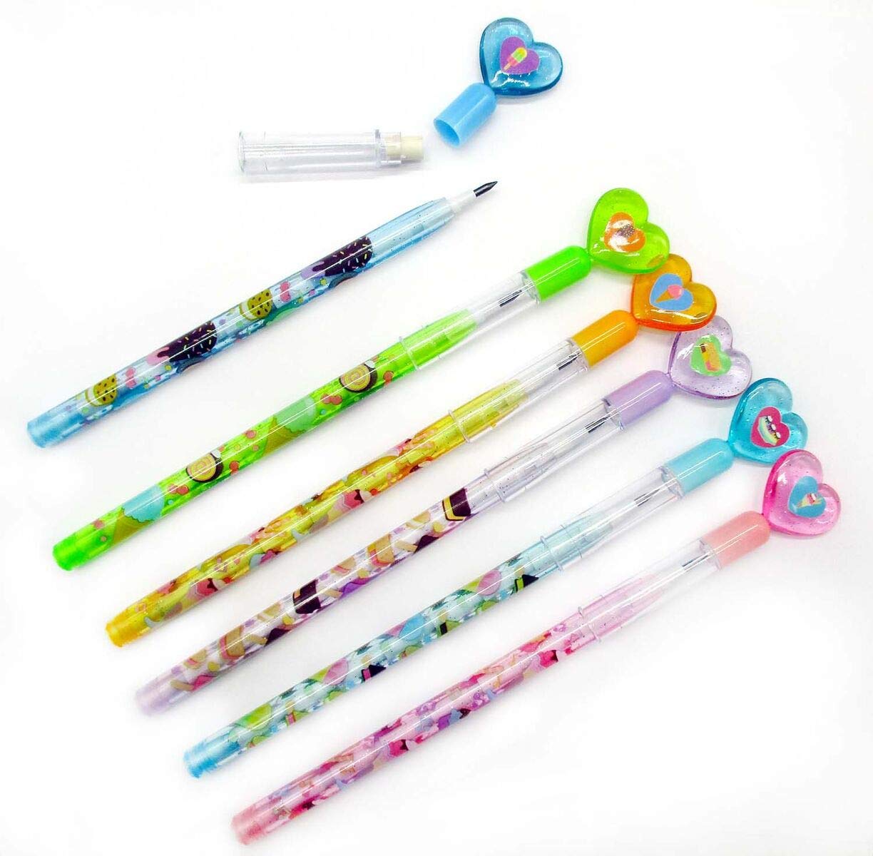 Tiny Mills 24 Pcs Ice Cream Multi Point Stackable Push Pencil Assortment with Eraser for Ice Cream Birthday Party Favor Prize Ca
