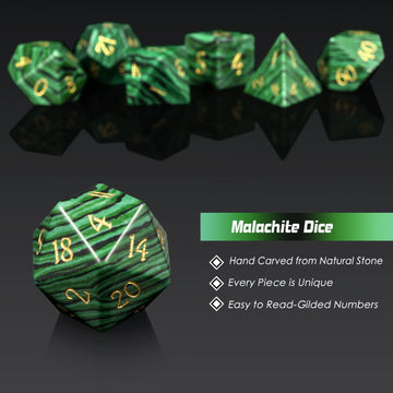 DNDND Malachite Gemstone DND Dice Set 7 PCS D&D Dice with Grogeous Gift Case for Dungeons and Dragon Tabletop Game (Malachite)
