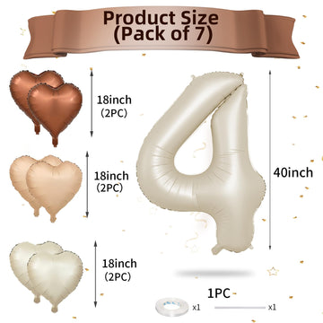 Biapian 40 Inch Cream Number 4 Balloons, Cream White Large 4Th Birthday Balloons With 18'' Foil Cream Heart Balloon Helium For 4