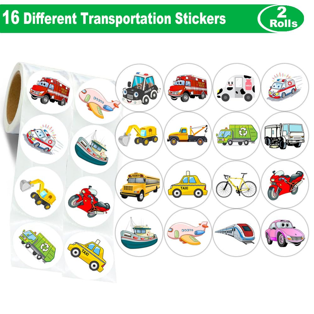 Hohamn 600 Pcs Transportation Stickers for Kids Teachers 1.5 Inch 16 Styles Transportation Vehicle Assorted Car Motorcycle Ship