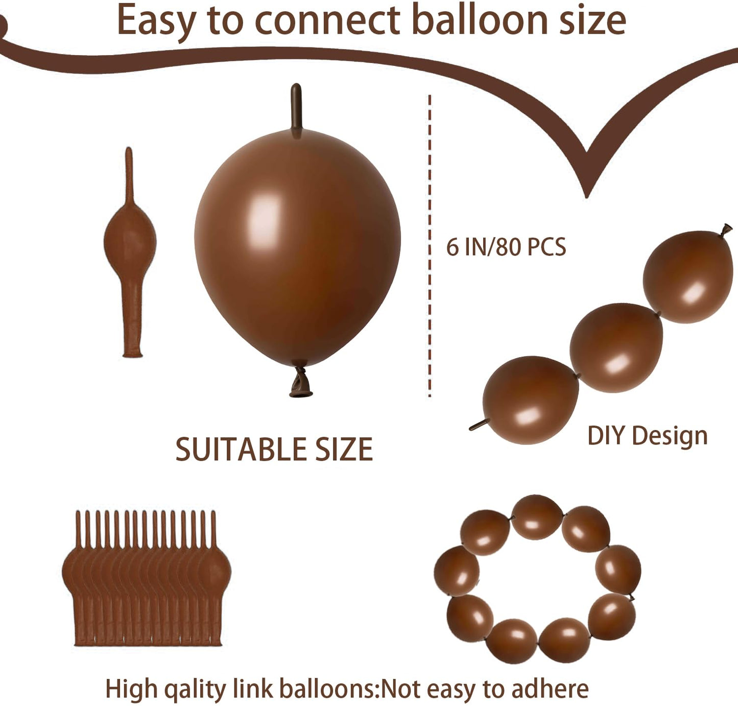 Adido Eva Link Balloons Brown 6 Inch Latex Quick Linkale Balloon 80 Pcs For Birthday, Halloween, Christmas, Party Festival Decor