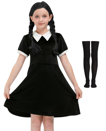 Girls Halloween Velvet Short Sleeve Peter Pan Collar A-Line Black Party Dresses 11-12 Years