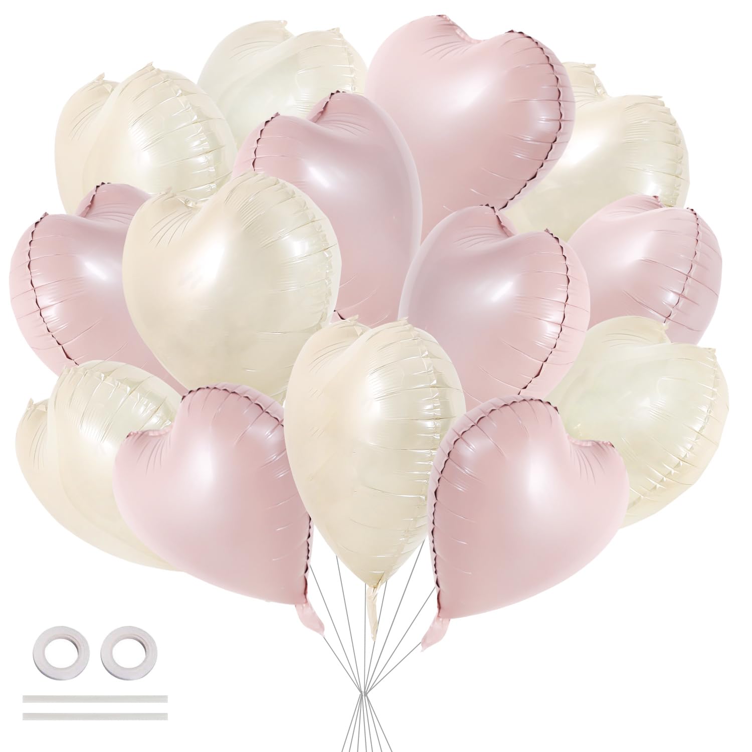 TONIFUL 30Pcs 18 Inch Pastel Pink Cream White Heart Balloons Valentines Day Heart Shape Foil Mylar Balloons Decoration for Valen