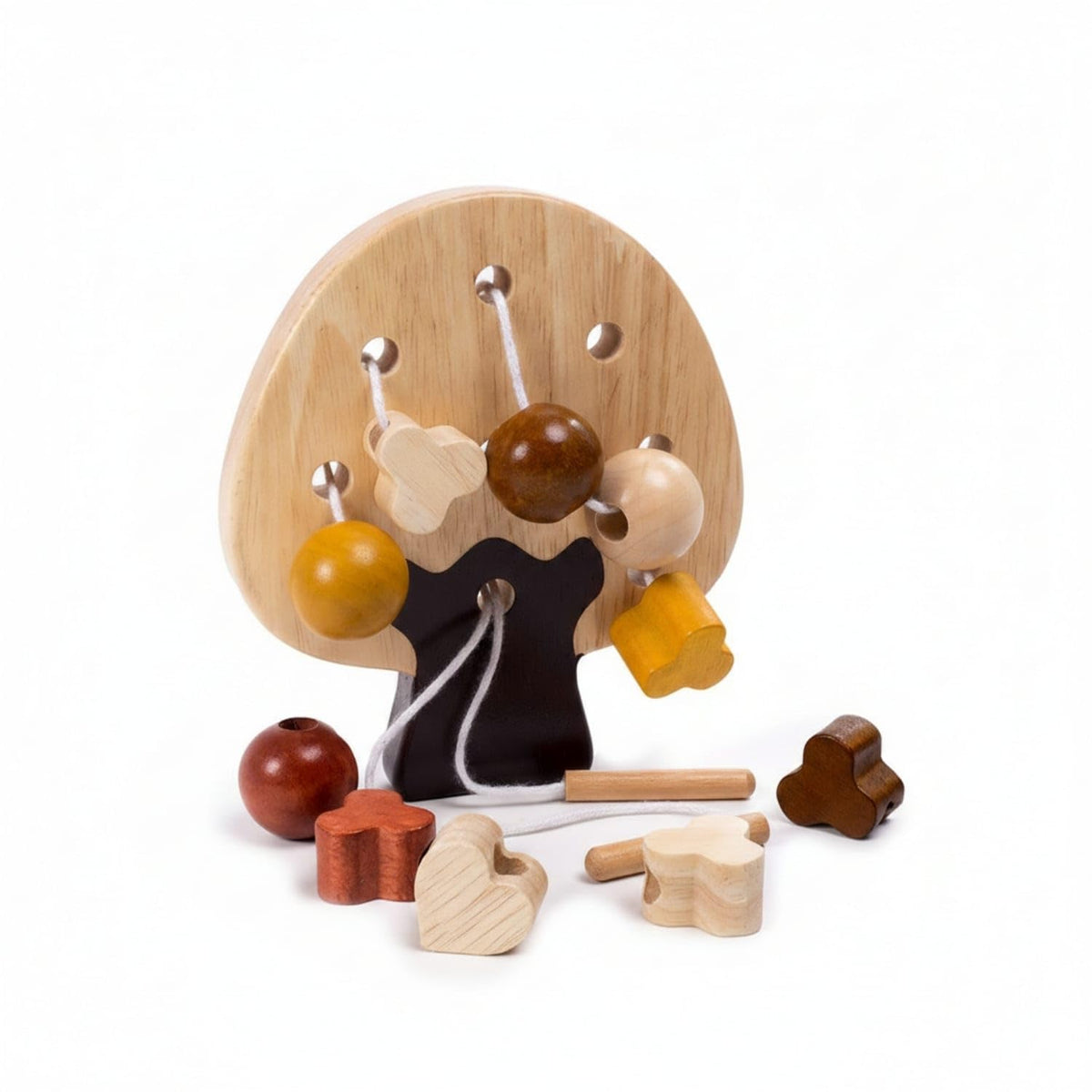 Zoomella Natural Wood Finish Tree Bead Threading Toy Dark Brown Base Wooden Threading Toy Round Holes Lacing Bead Set Fine Motor