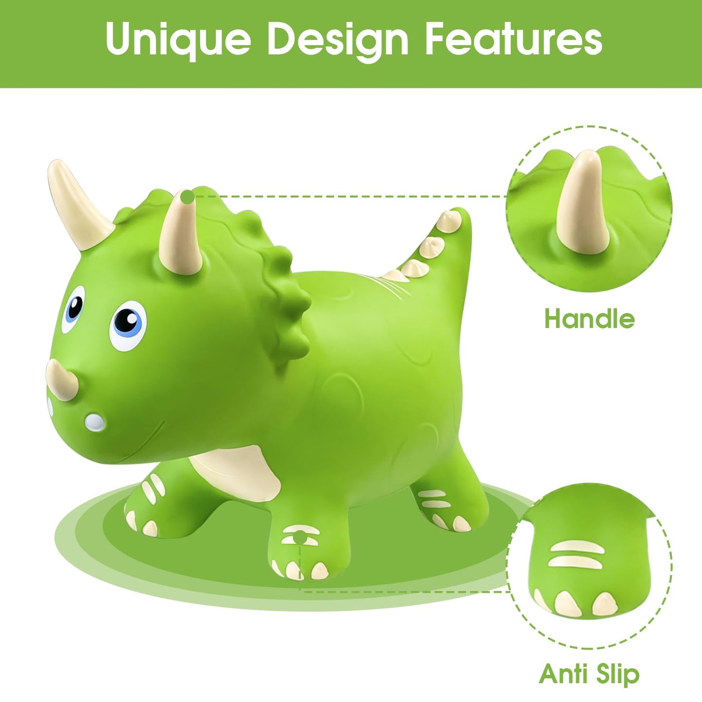 HotMax Dinosaur Bouncy Hopper Toy - Inflatable Triceratops for Toddlers, Medium Size, Green, PVC - Perfect Birthday Gift for Kids 18 Months to 4 Years