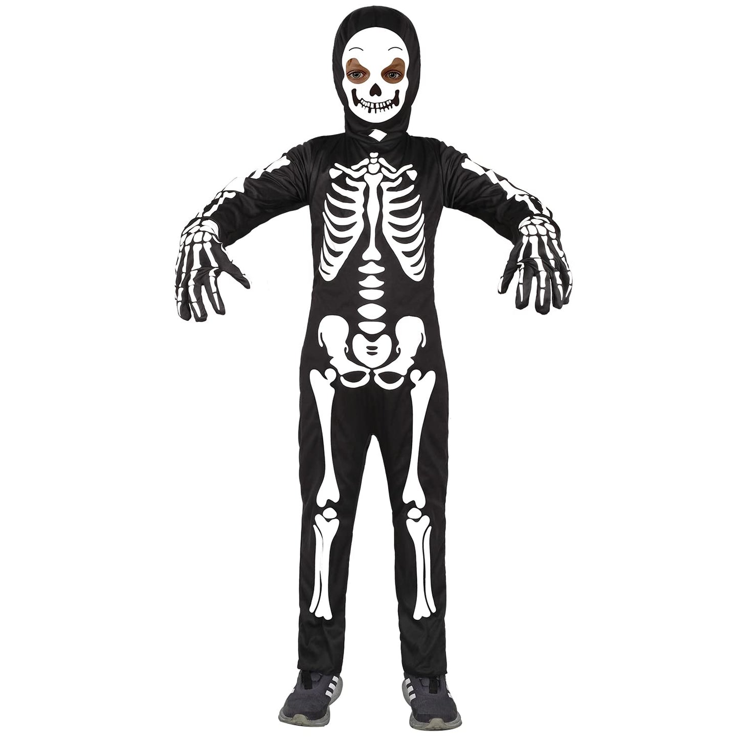 Sicypoty Kids Skeleton Costume Glow In The Dark Halloween Bone Bodysuit With Skeleton Hood Mask Black 8-10Years