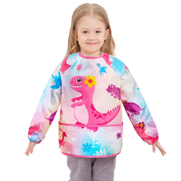 Wernnsai Dinosaur Art Smock- Girls Toddler Smocks For Kids Waterproof Apron Long Sleeve Kids' Artist Smocks Painting Apron For Kids Artist Apron For Age 3-8 Toddler Apron With 3 Pockets