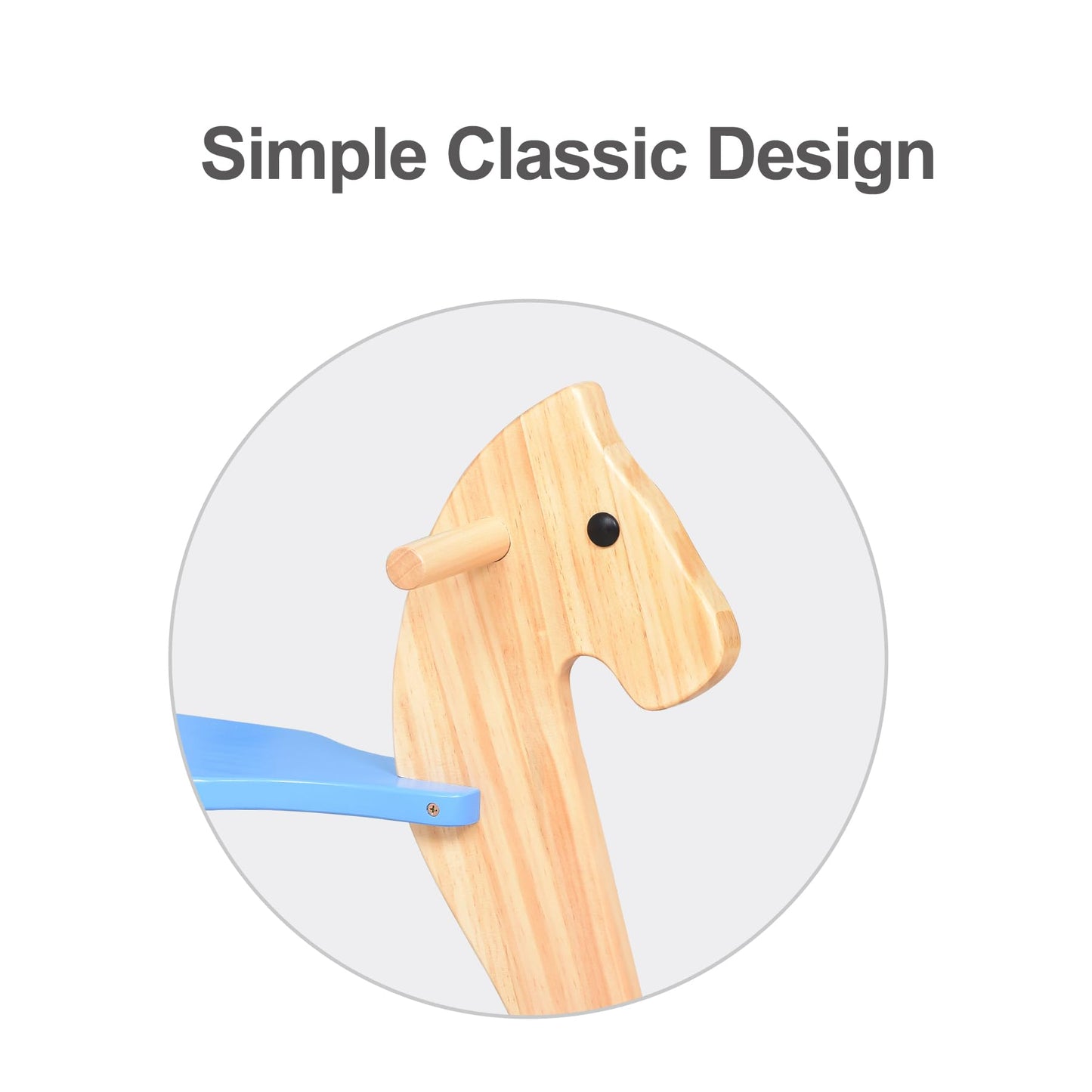 KRAND Wooden Rocking Horse for Toddlers - Classic Blue Ride-On Toy with Pedal and Safe Backrest, 31.5x9.8x20.5 inches