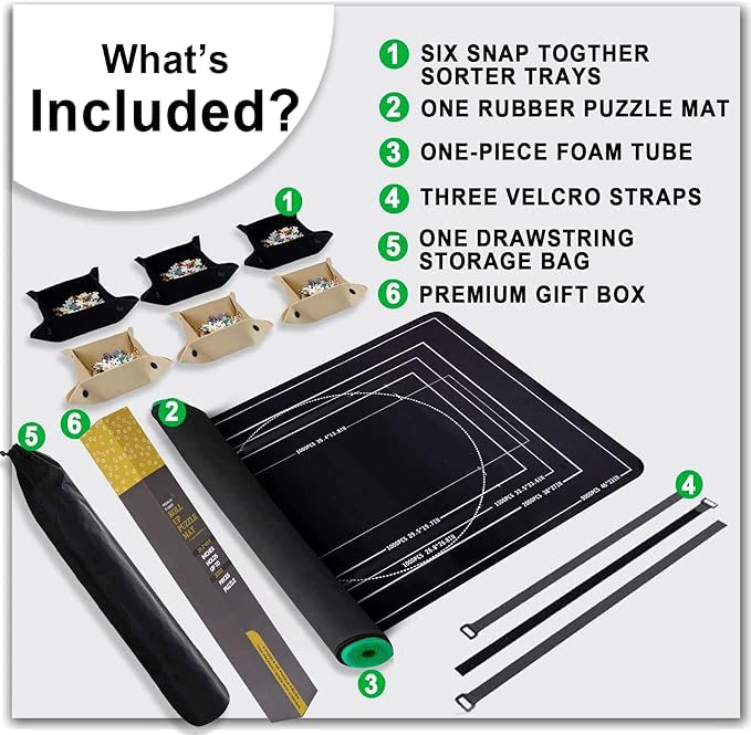 Lwoeo Jigsaw Puzzle Mat Roll Up, No Creases 49.2” X 35” Rubber Saver Pad Up To 3000 Pieces, Black Large Puzzel Matte Rollup With 6 Sorting Trays & 1 Storage Bag. Ideal For Holiday And Birthday