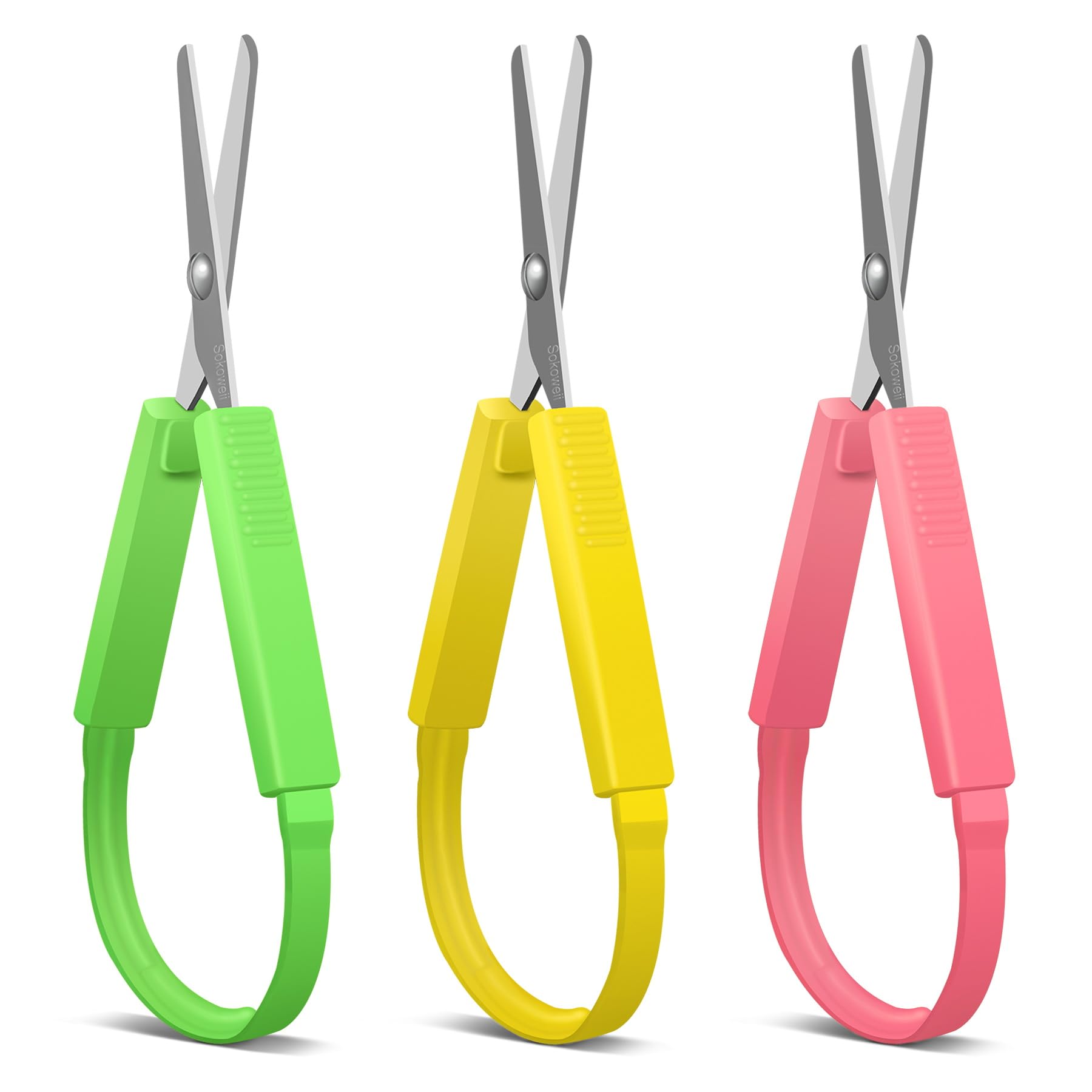 Sokoweii Loop Scissors for Toddlers, 5 Inch Adaptive Design, Right and Lefty Support, Easy-Open Squeeze Handles 3 Pcs -Like New