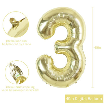 Toniful 40 Inch Light Gold Large Numbers Balloon 0-9 Birthday Party Decorations,Foil Mylar Big Number 3 Balloon Digital 3 For Bi