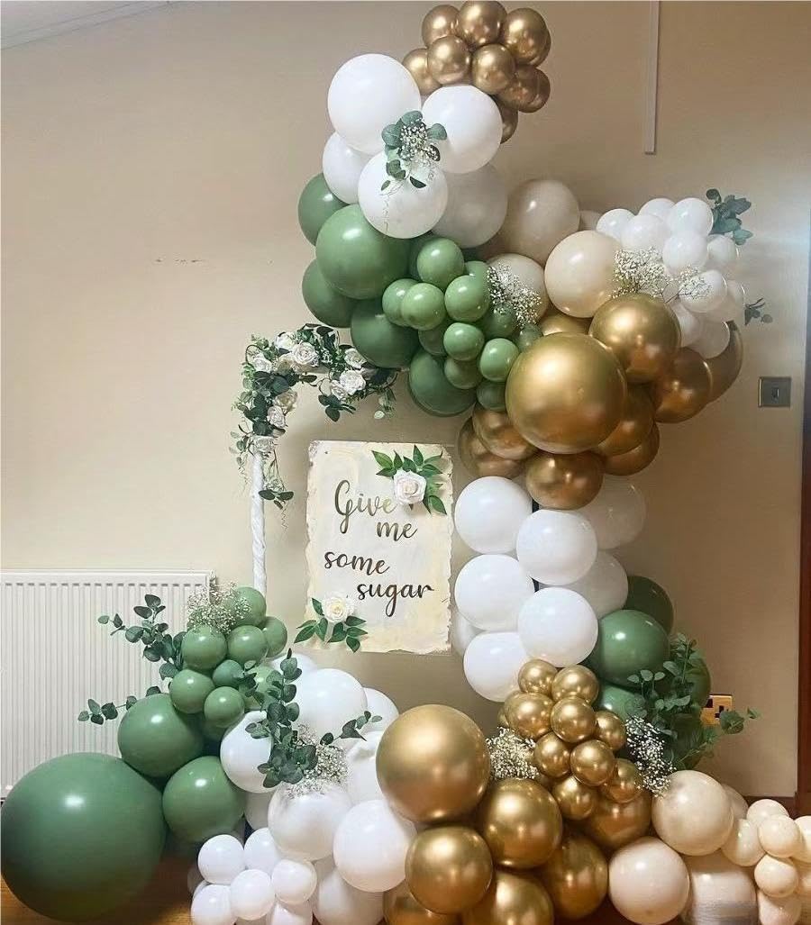 MEBAY Balloon Garland Arch Kit - 146Pcs Latex Balloons in Sage Green, White & Gold for Birthday, Baby Shower, Wedding Decorations