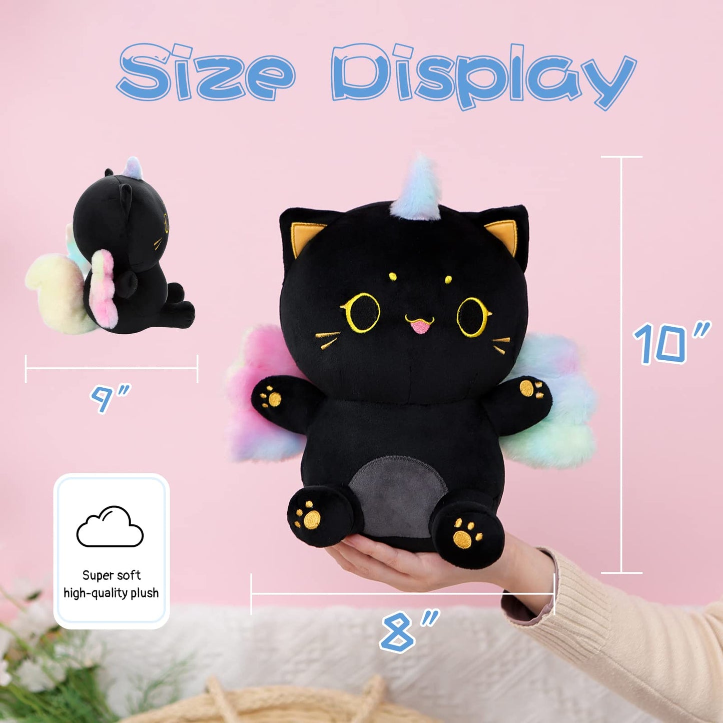 Aixini Cute Caticorn Plush Stuffed Unicorn Black Cat Animal Plushie 10'' Soft Toy With Rainbow Wings For Girls