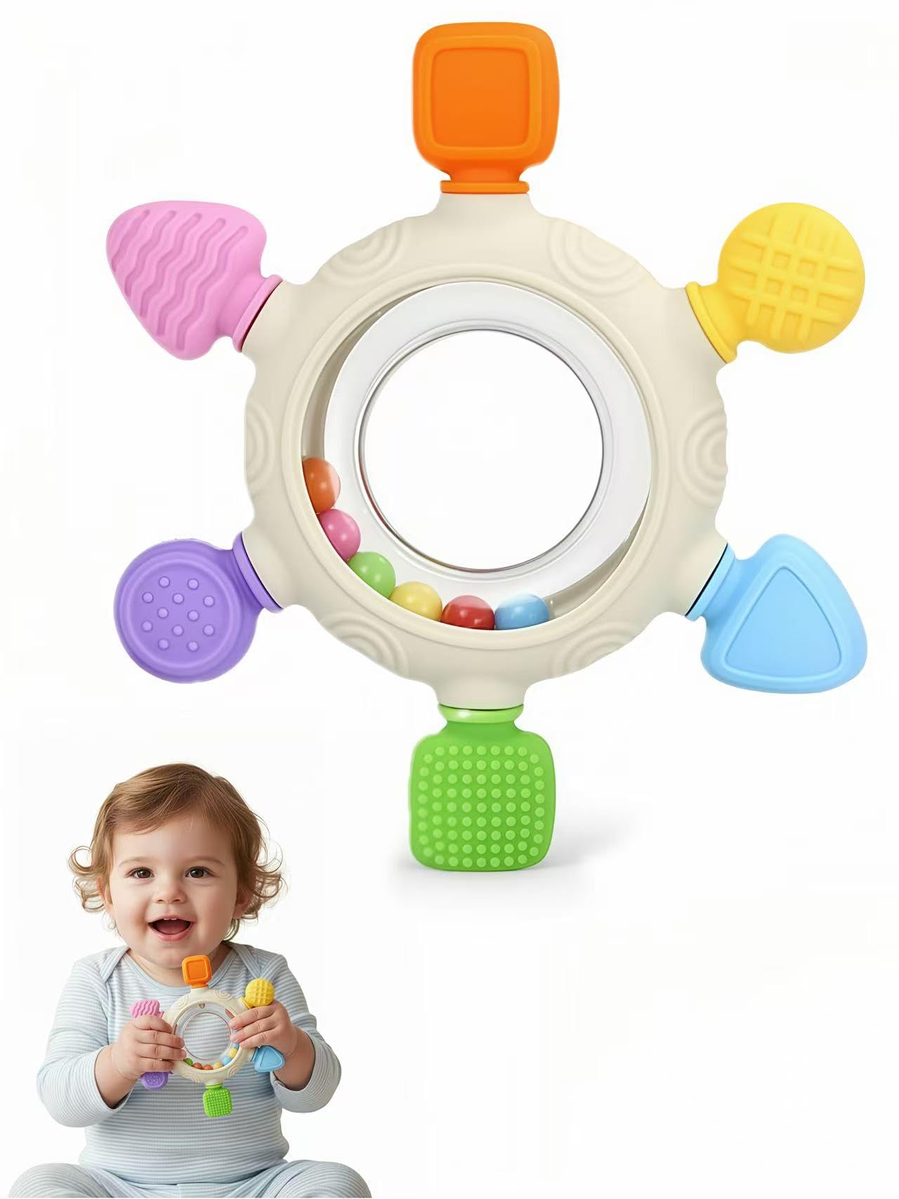Silicone Baby Teething Ring with Rattle Beads - Multi-Textured BPA-Free Teether for Infants 3+ Months, Freezer Safe Chew Toy for