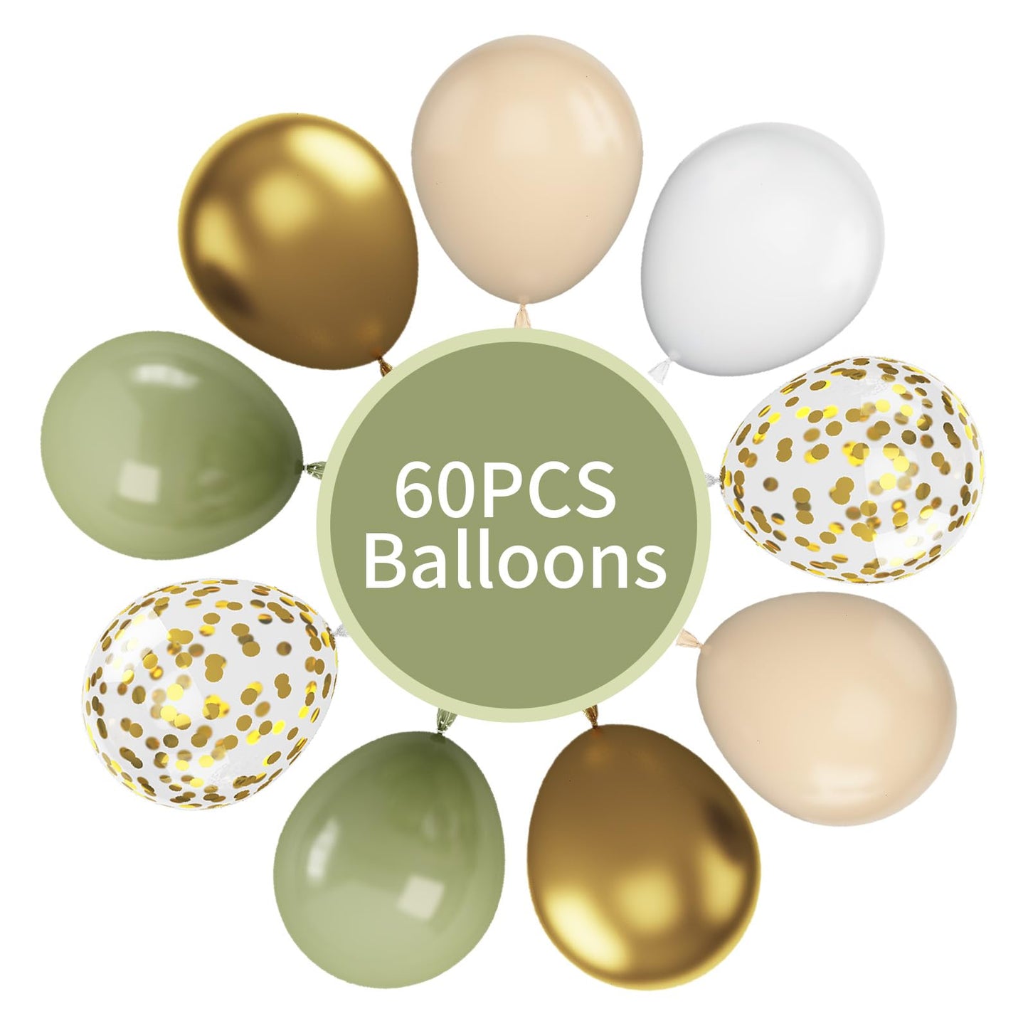 Green And Gold Balloons, 60Pcs Sage Green Apricot Balloons, 12 Inch Metallic Gold Confetti Balloons Retro Green Latex Balloons F
