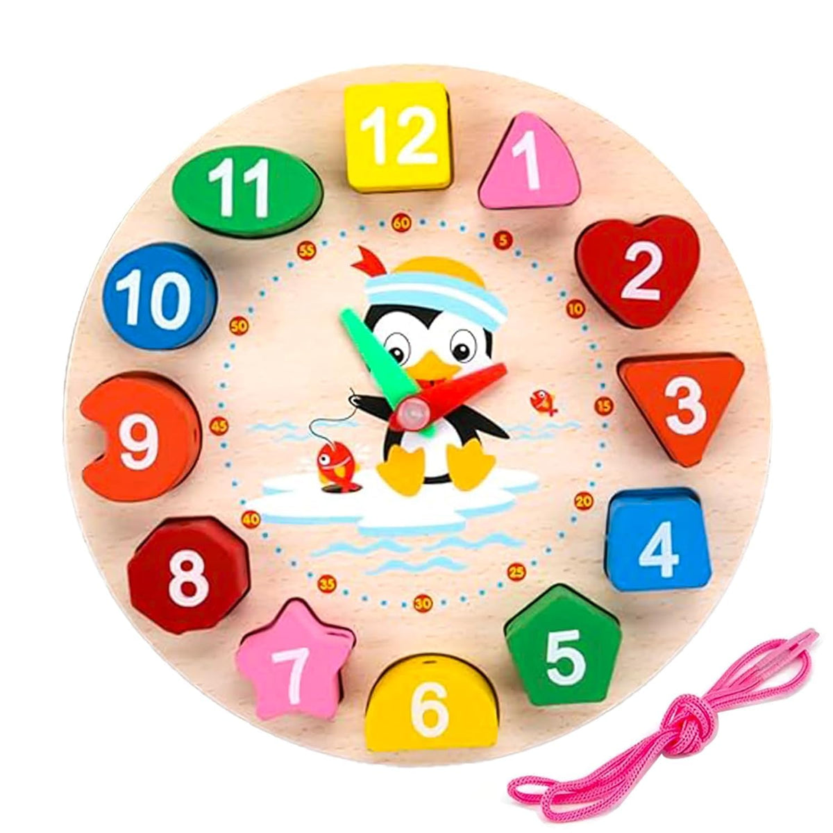 Dherik Tradworld Wooden Learning Clock With Bead Lace, Educational Digital Analog Numbers, Shape & Color Learning Montessori Toy