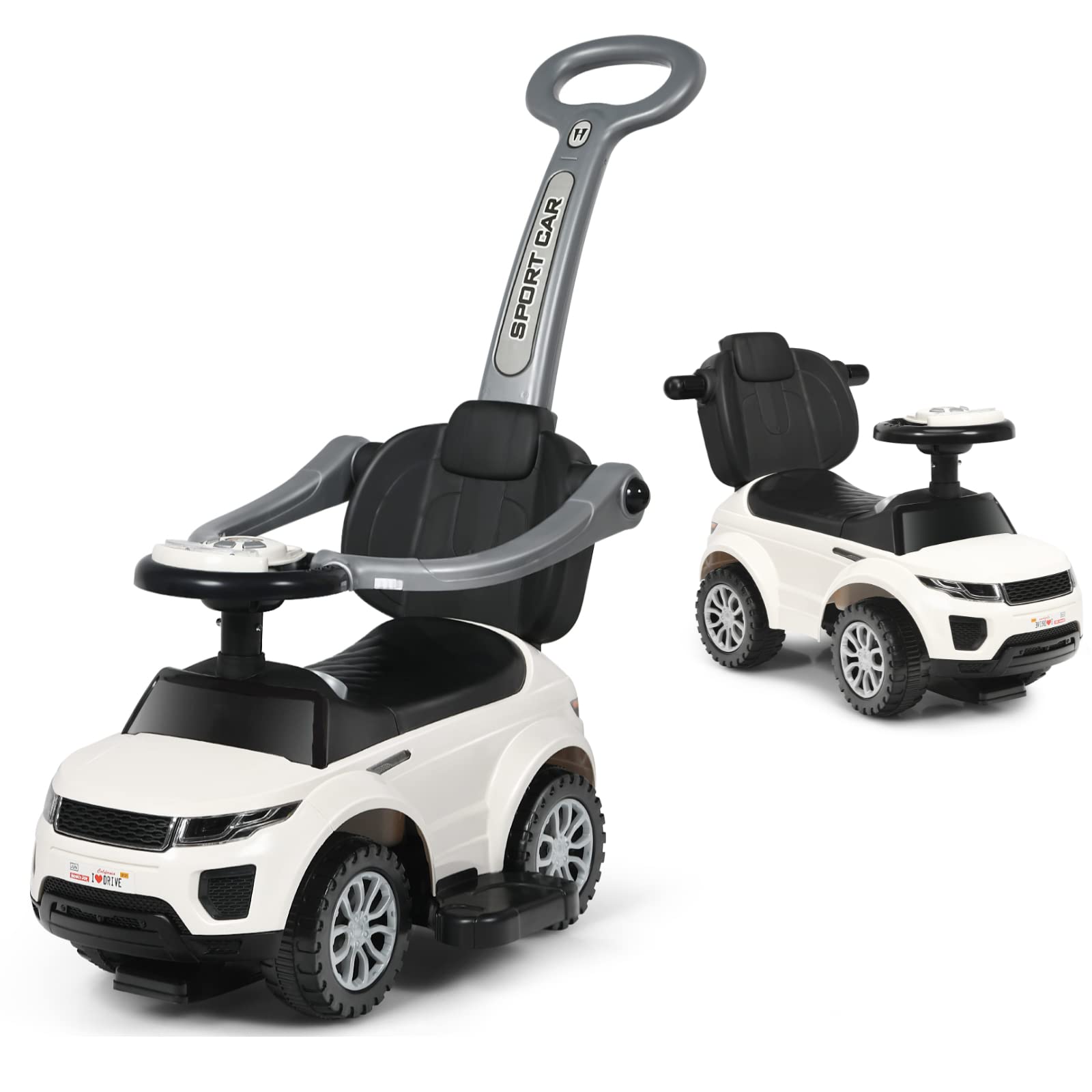Honey Joy Ride On Push Car, Foot To Floor Ride On Sliding Car Push Handle & Detachable Guardrail, Sound & Lights, Under Seat Storage, Push Cars For Toddlers 1-3, Gift For Kids Boys Girls(White)