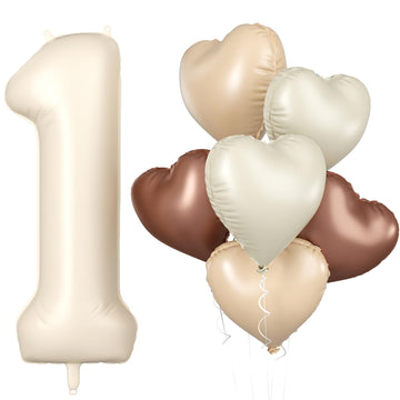 Biapian 40 Inch Cream White Number 1 Balloons, Beige White Large Number One Balloon With Cream Foil Heart Balloons For 1St Birth
