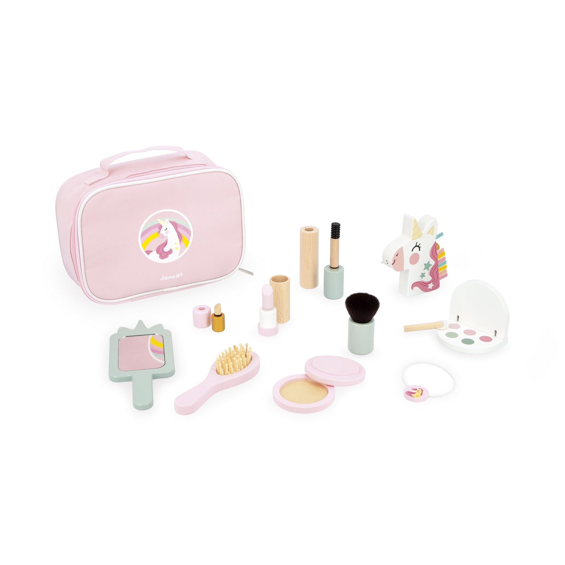 Janod - J06465 - Beauty Case - Unicorn Theme - 10 Accessories Included - Wooden Makeup Toys - Cosmetic Toy Kits - Ages 3+ - J064