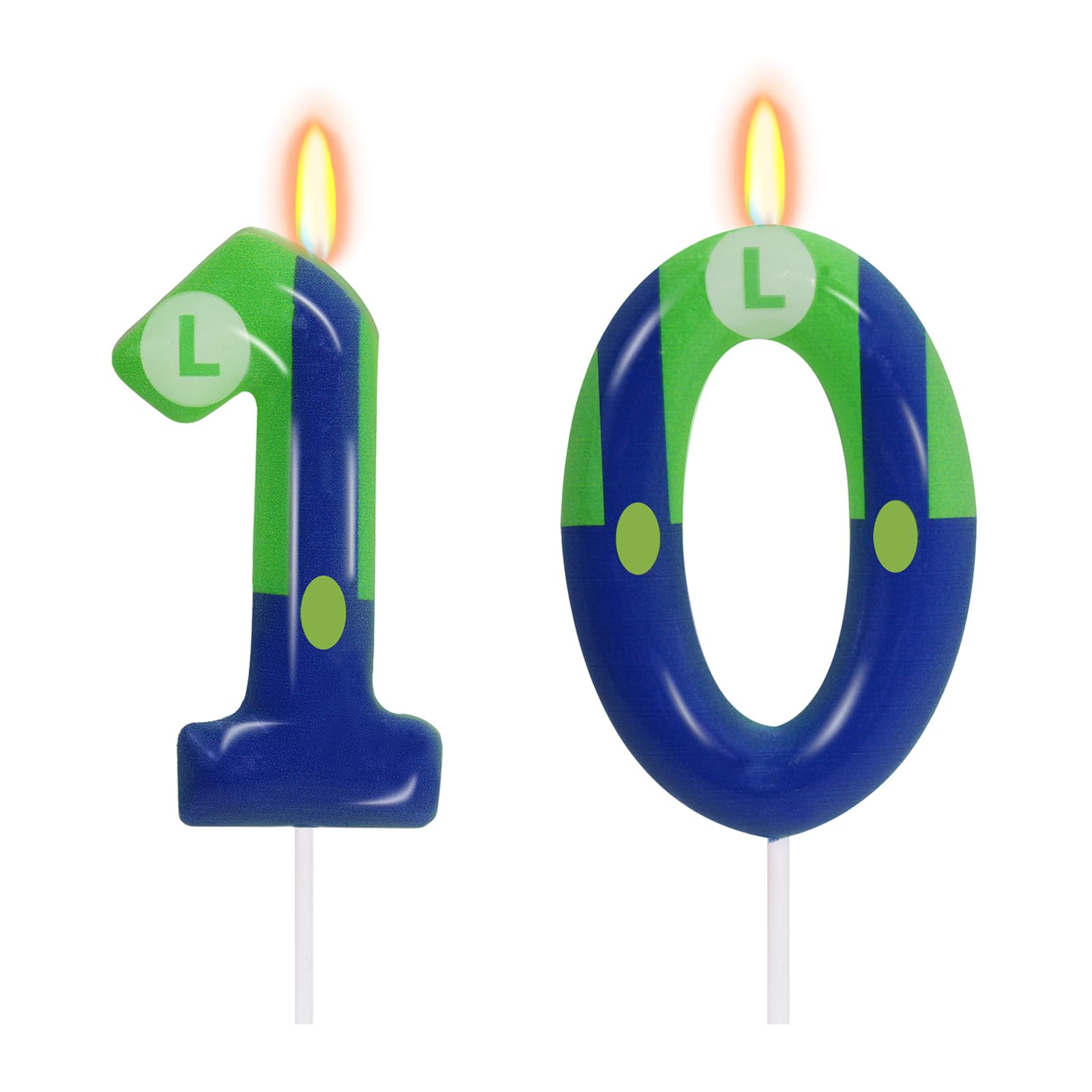 Green Blue 10th Birthday Candle for Boys Girls - Luigi Birthday Party Cake Decorations, Number 10 Cake Topper, Cartoon Game Them