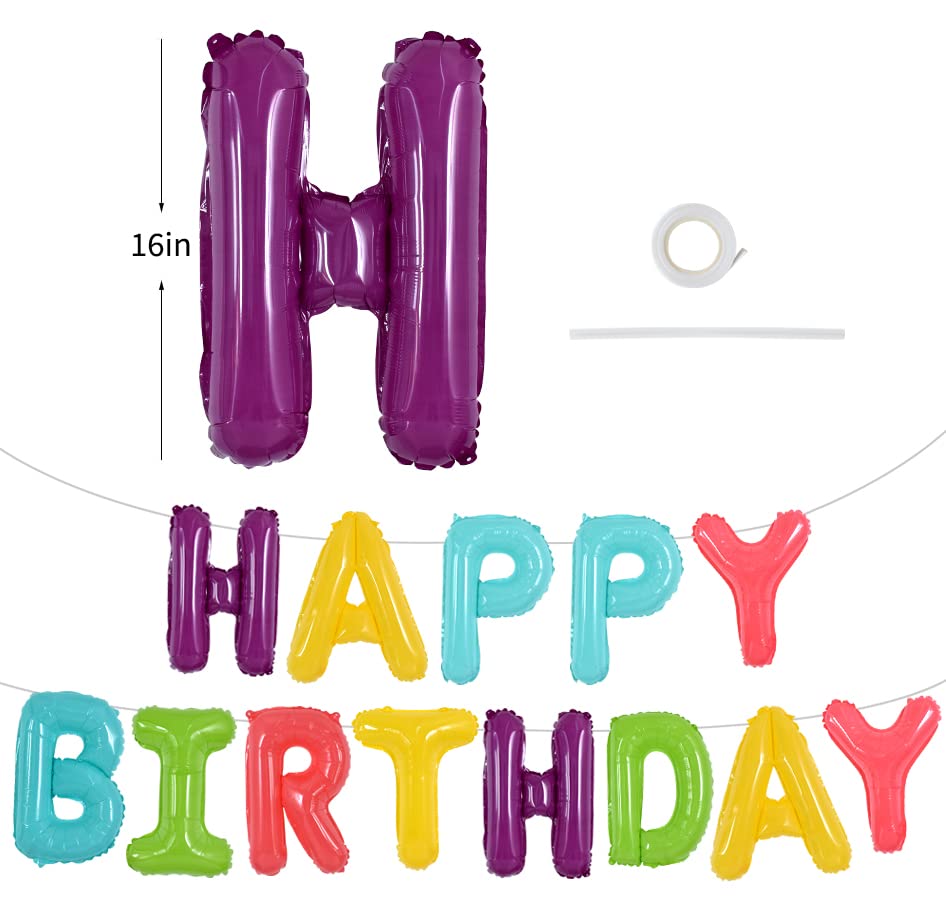 TONIFUL Coloful Macaron Rainbow Happy Birthday Balloons Banner with Ribbon Straw, 16 Inch Mylar Foil Letters Birthday Sign Bunti